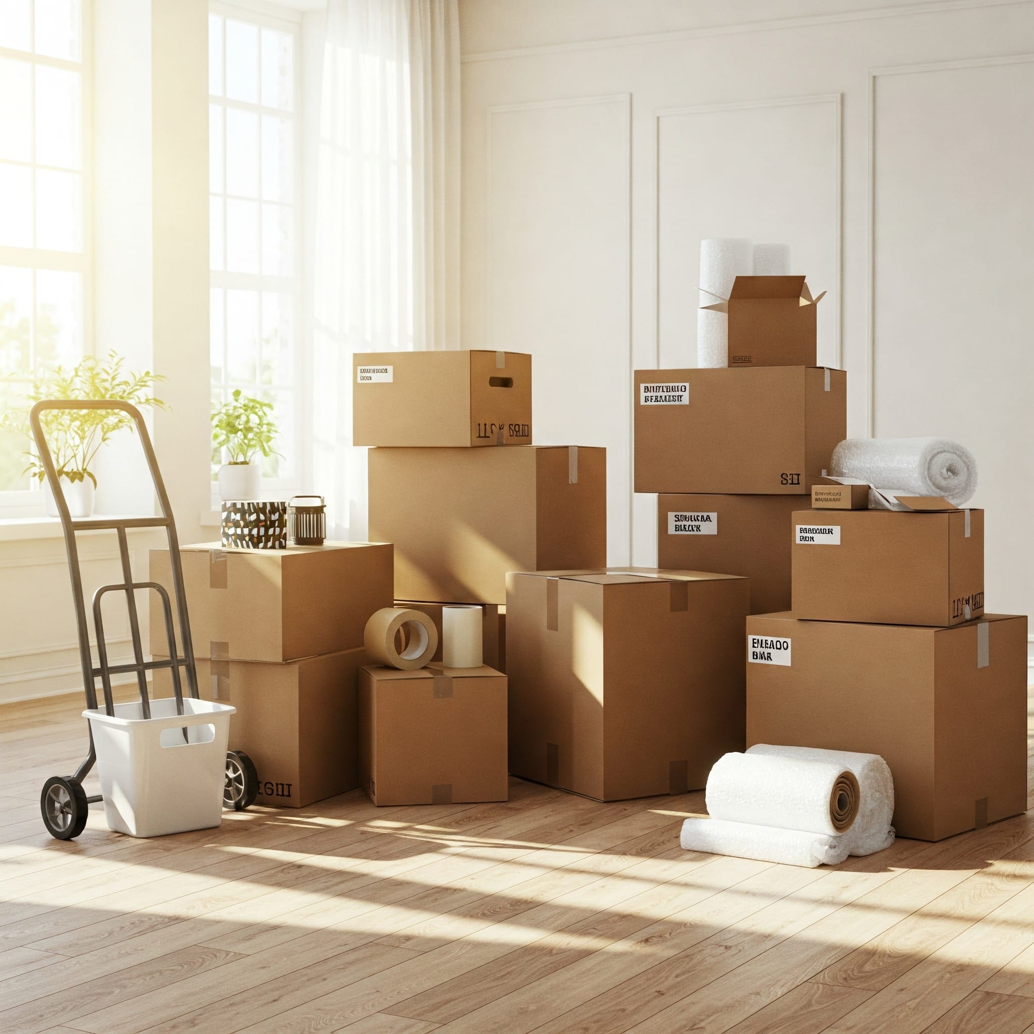 Ett rum med flyttlådor. Alen Allservice AB flytthjälp illustreras